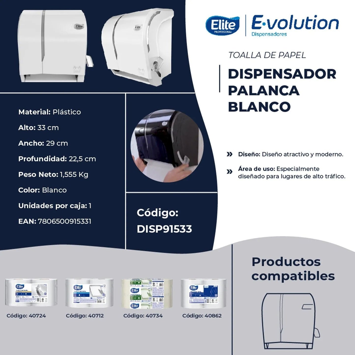 Dispensador de Toalla Manual con Palanca - Blanco Profesional