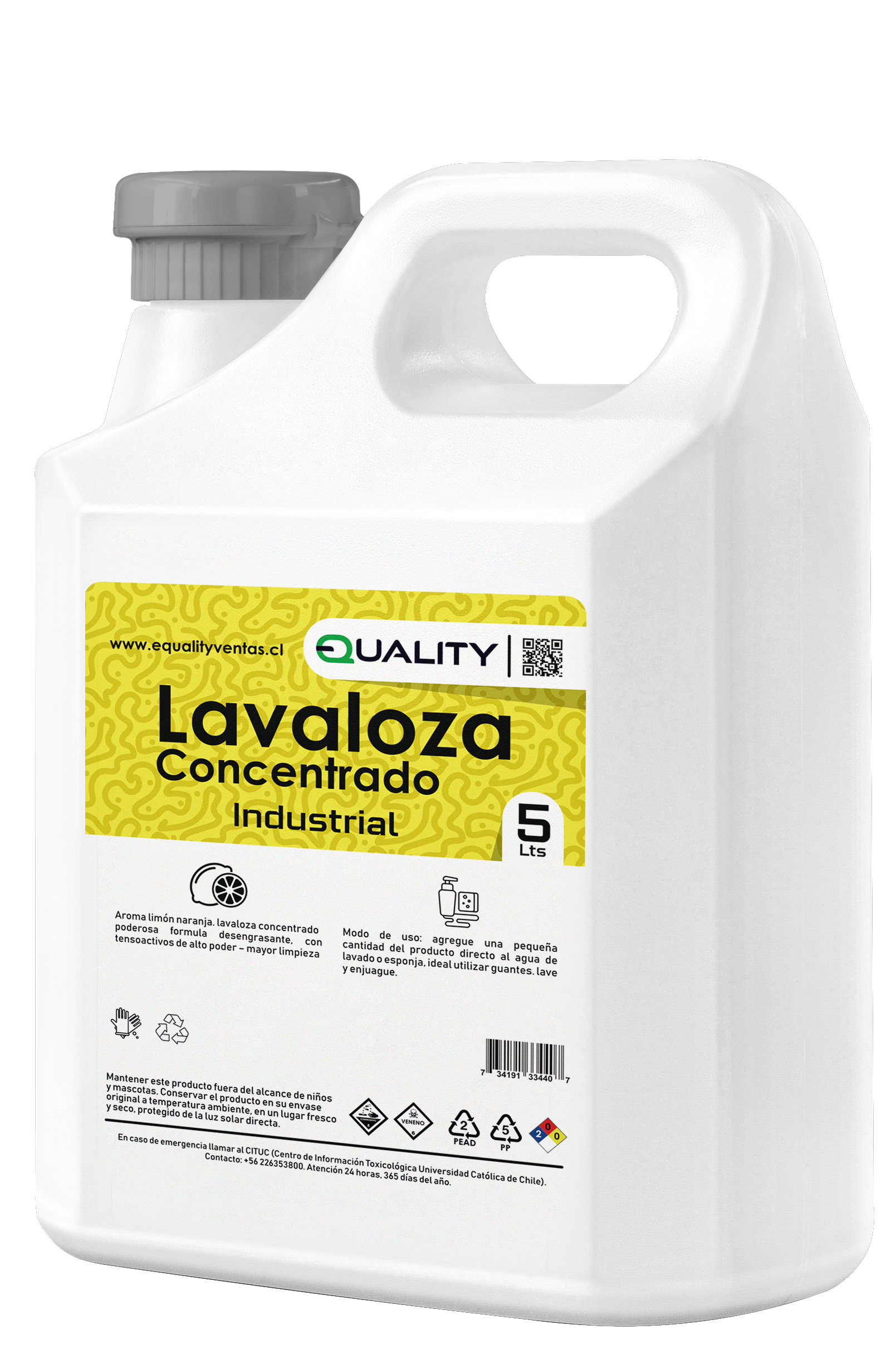 Pack 6 bidones de detergente lavaloza de 5 litros cada uno, apilados, con etiquetas claras.