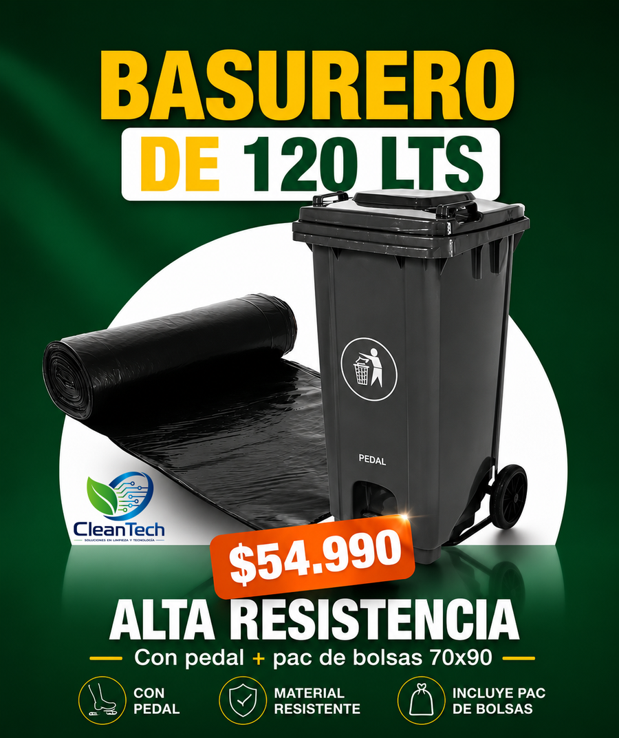 Basurero 120 Litros con Pedal y Tapa - Incluye Pack de Bolsas