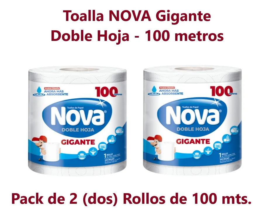 Toalla Papel Nova Gigante 100 Mts x2 Rollos Doble Hoja