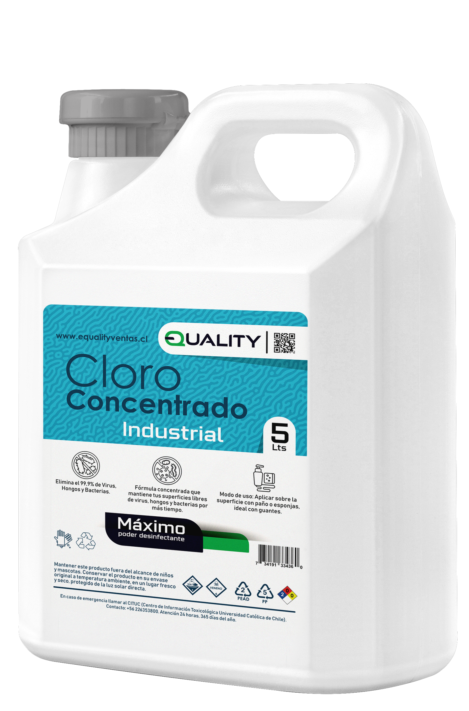 Bidón de Cloro Industrial Concentrado 5 LTS, con líquido blanqueador para desinfección profunda.