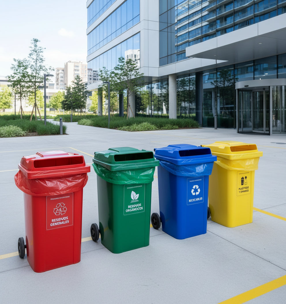 Pack de bolsas de basura industriales multicolor para separación de residuos y reciclaje en empresas