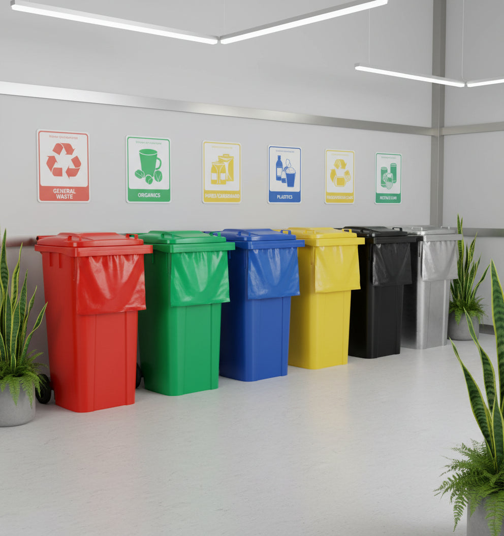 Bolsas para Reciclaje 140x160 Gigantes de Carga Pesada en colores surtidos, apiladas y listas para uso industrial o doméstico.